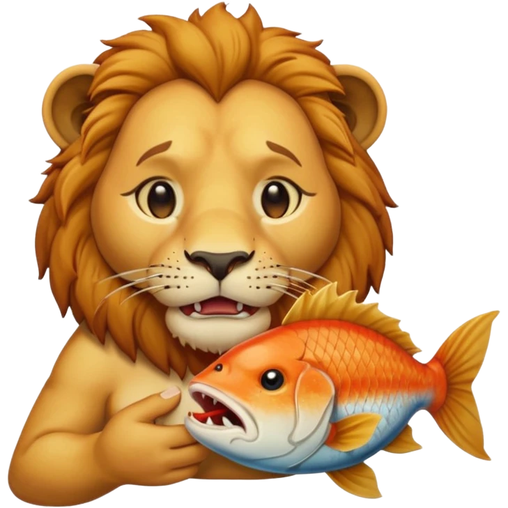  A lion eating a fish, feeling sad, cry, portrait, bust up emoji