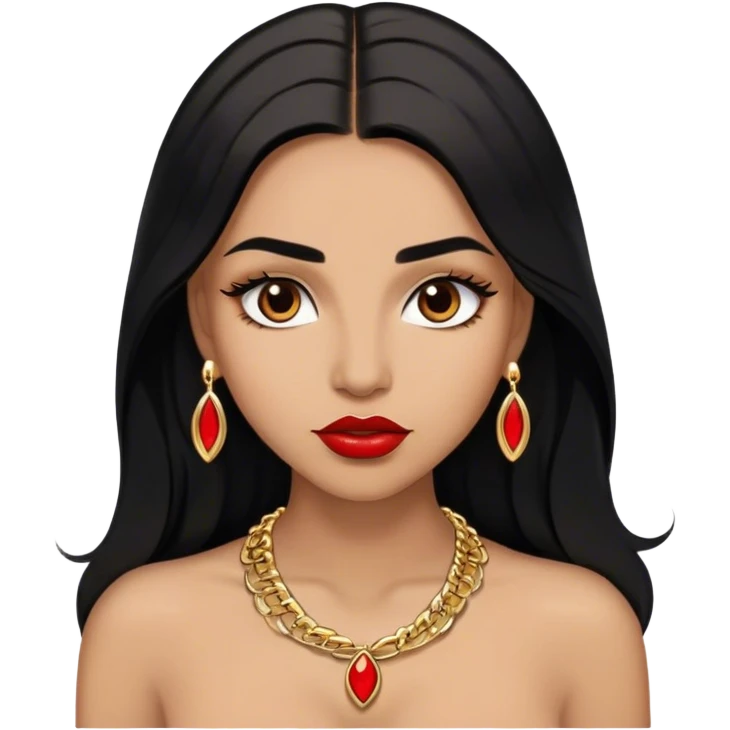 Woman, light brown skin, black long hair, medium arched eyebrows, brown eyes, full lashes, and red lips wearing a gold necklace  emoji