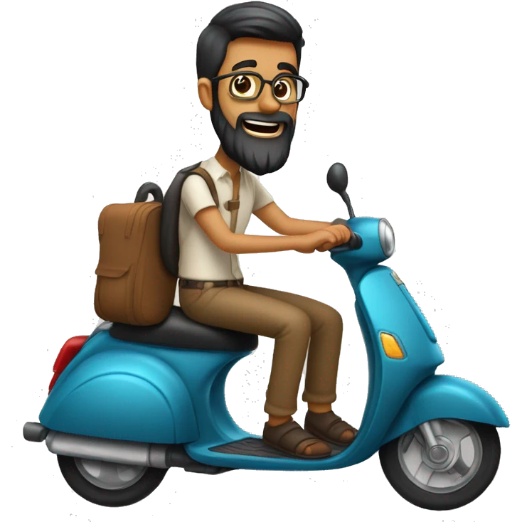 Two riding a scooter one indian male with a point beard wearing glasses a trouser shirt girl with glasses indian wearing trousers and blouse  emoji