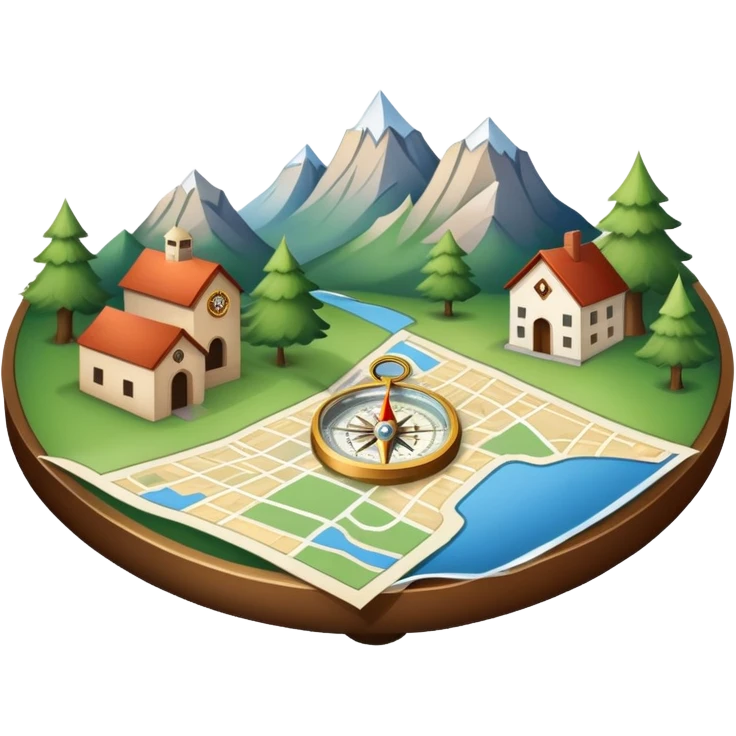 An icon featuring a local map, a compass, and regional landmarks, symbolizing local studies. The design includes a tree, mountains, and buildings, representing the unique geography and culture of a specific area. Transparent background highlights the exploration of local history and environment. emoji