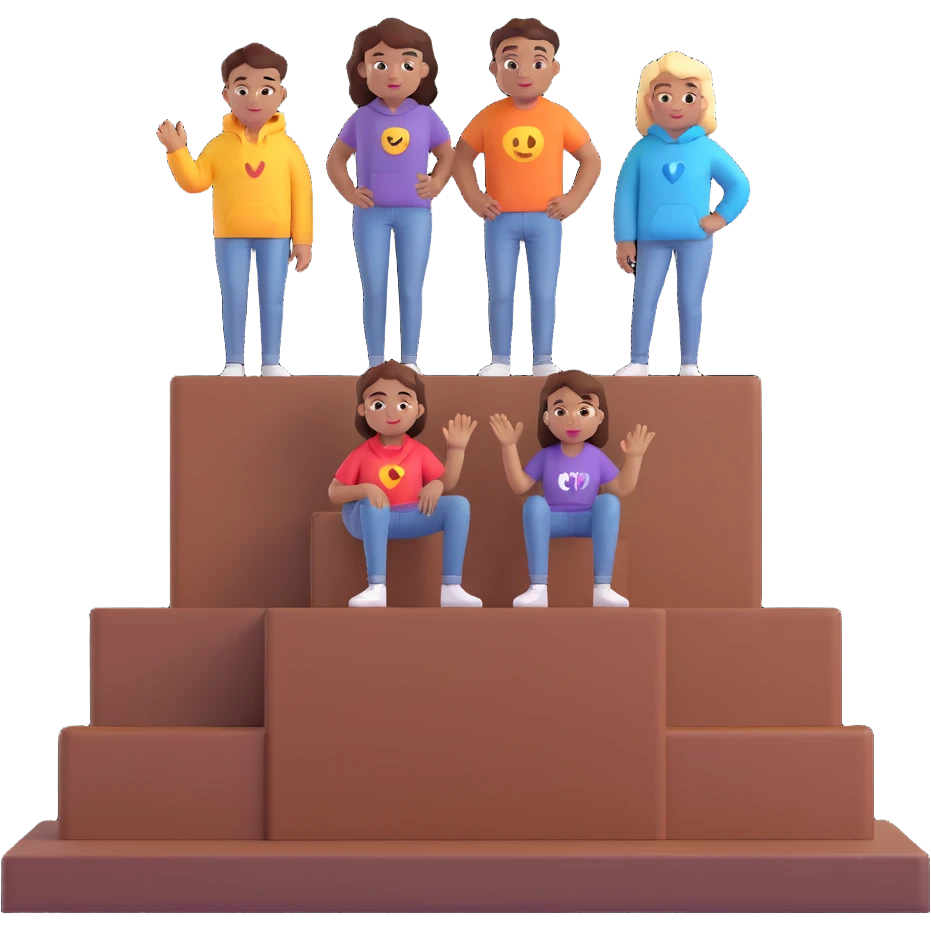 multi-racial people in colorful jeans, t-shirts, and hoodies on a brown winners’ podium with the middle step higher, no numbers, excited fun expressive 3D emoji style emoji