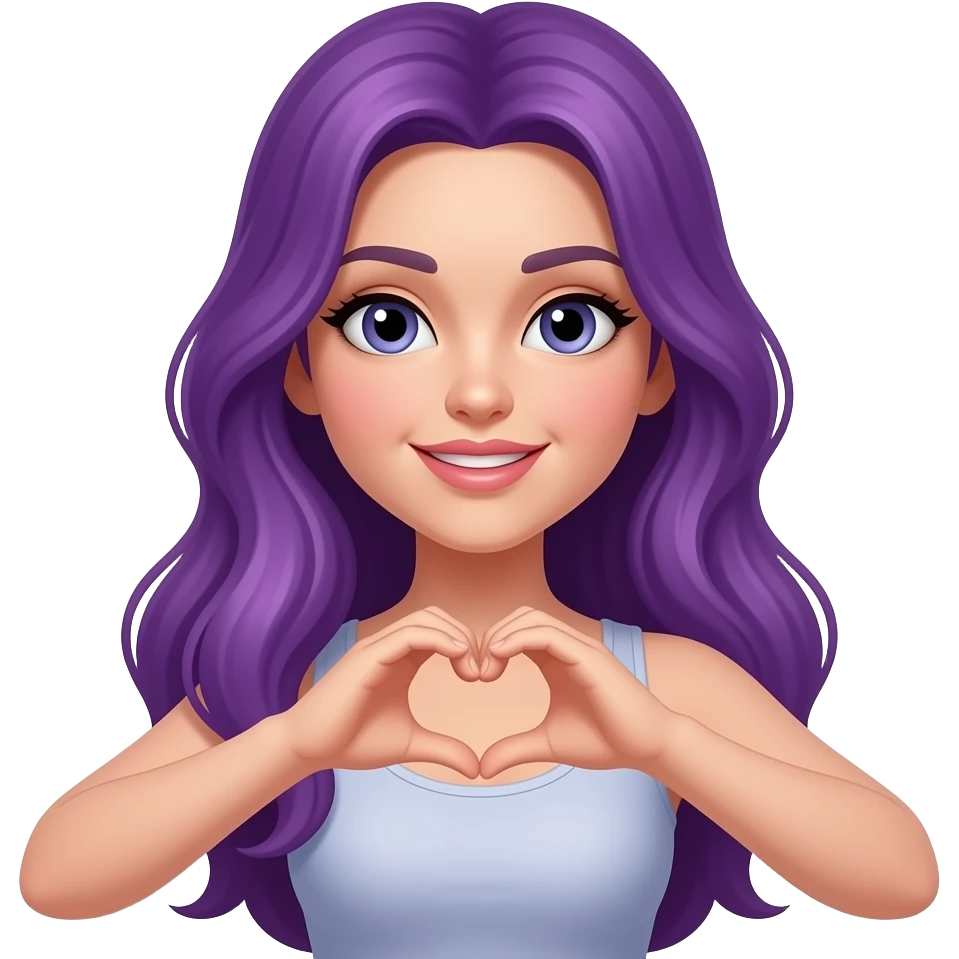 sexy girl with long purple hair makes a heart sign with her hands emoji