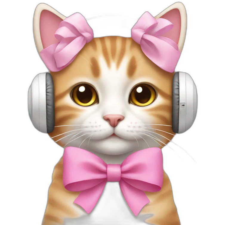 cute cat with pink bow and white warm headphones emoji