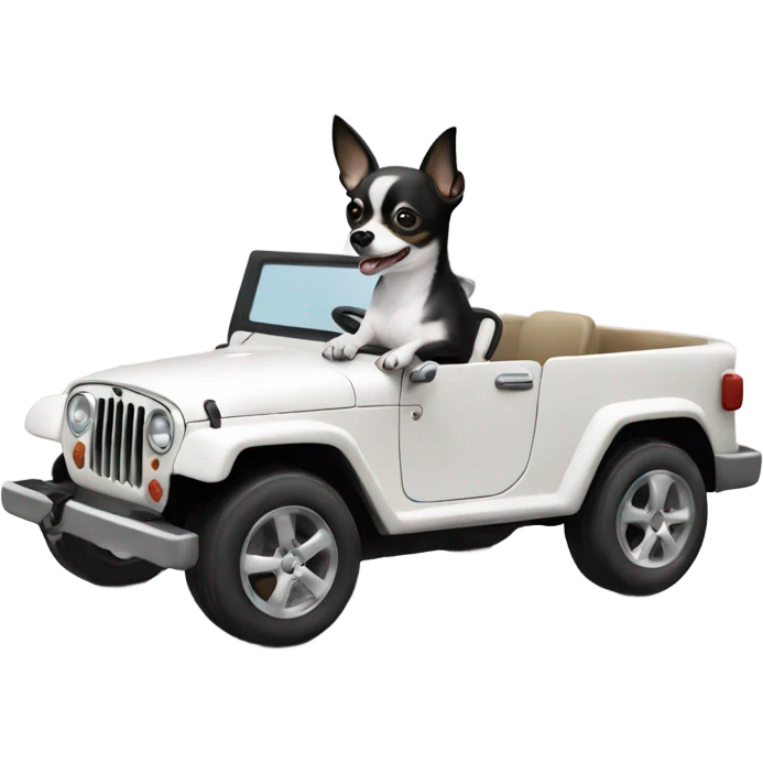 Black and white chihuahua driving a white jeep emoji
