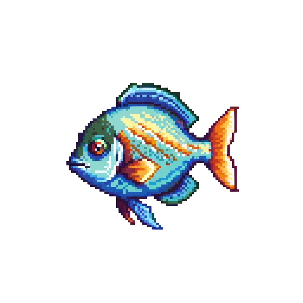 Tropical colorful fish for Minecraft inventory, eye pointing down-left at 45-degree angle, square texture, pixel art game asset emoji