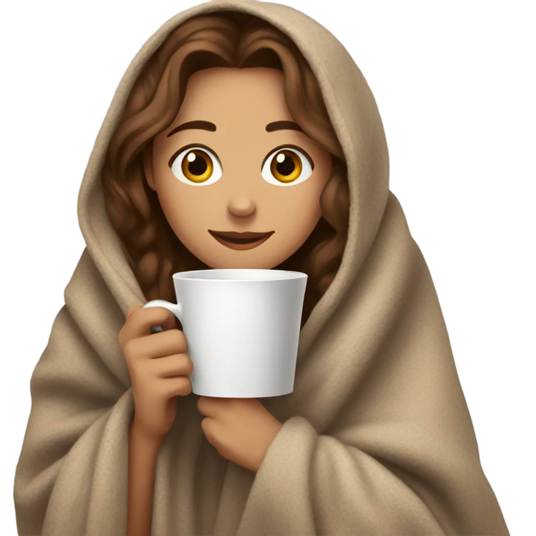 Brown hair Girl drinking coffee, with a cozy blanket emoji