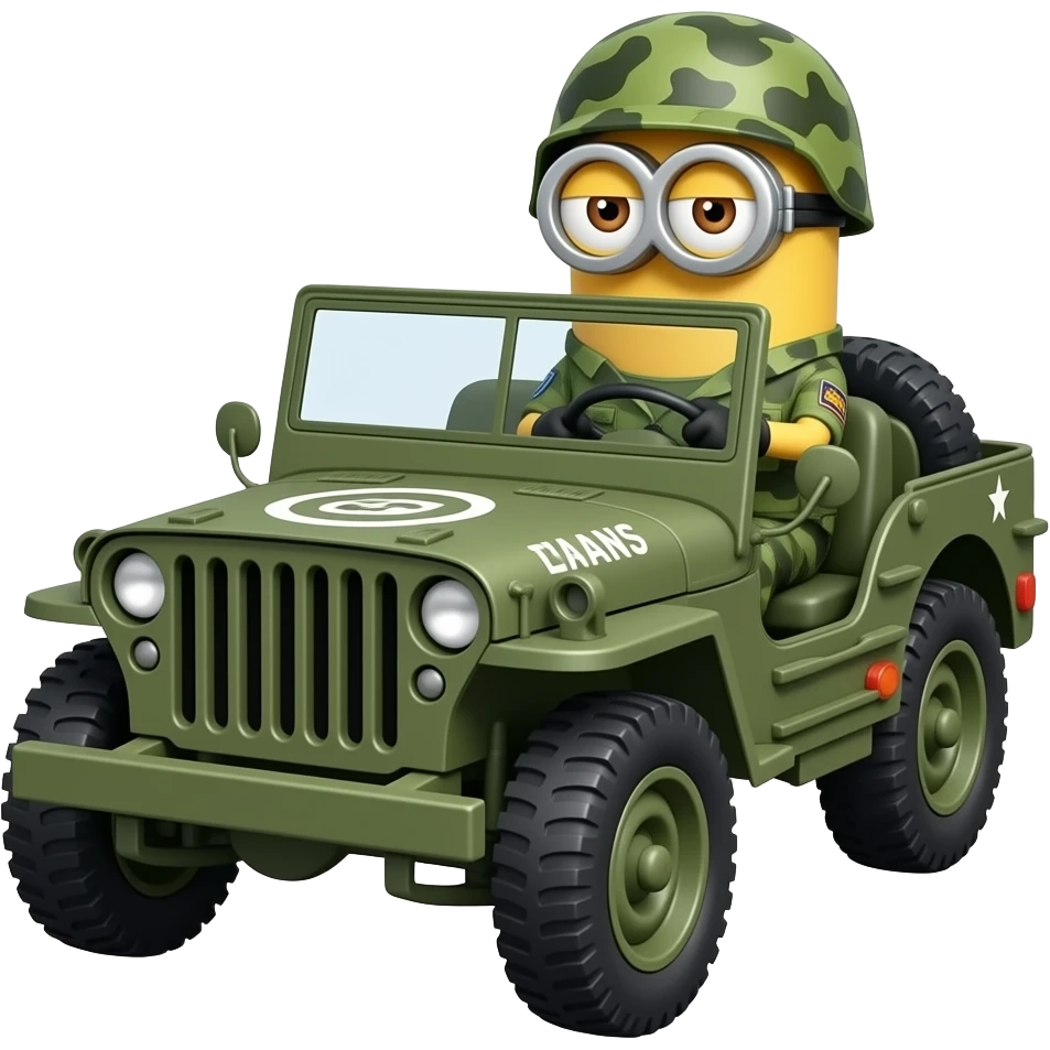 Minion in army uniform driving army jeep with Attack Titans text on hood emoji