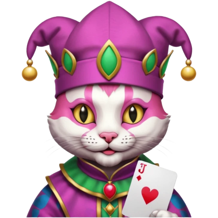 court jester cat medieval, single poker card joker clearly visible, pink, face only, round badge, court jester cap emoji
