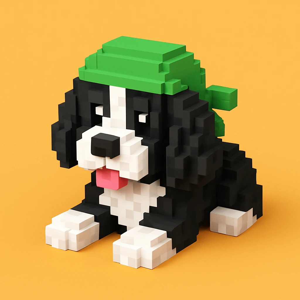 A black and white Russian Cocker Spaniel puppy wearing a green durag, voxel style, lying down emoji