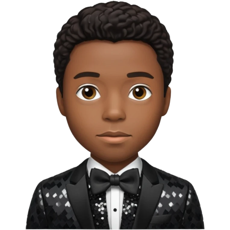 Chadwick Boseman with dark brown hair, black sequin suit with bow tie emoji
