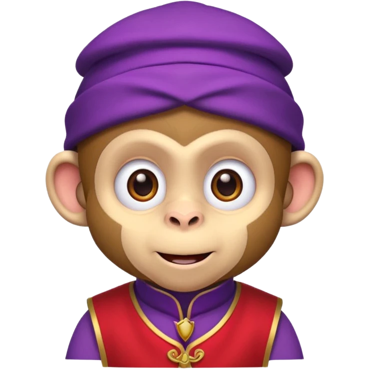Cute monkey inspired by Abu from Aladdin, big expressive eyes, purple vest, red fez hat, mischievous grin. Emoji-style, bold outlines, bright colors, centered face on transparent background, high quality, vector style. emoji