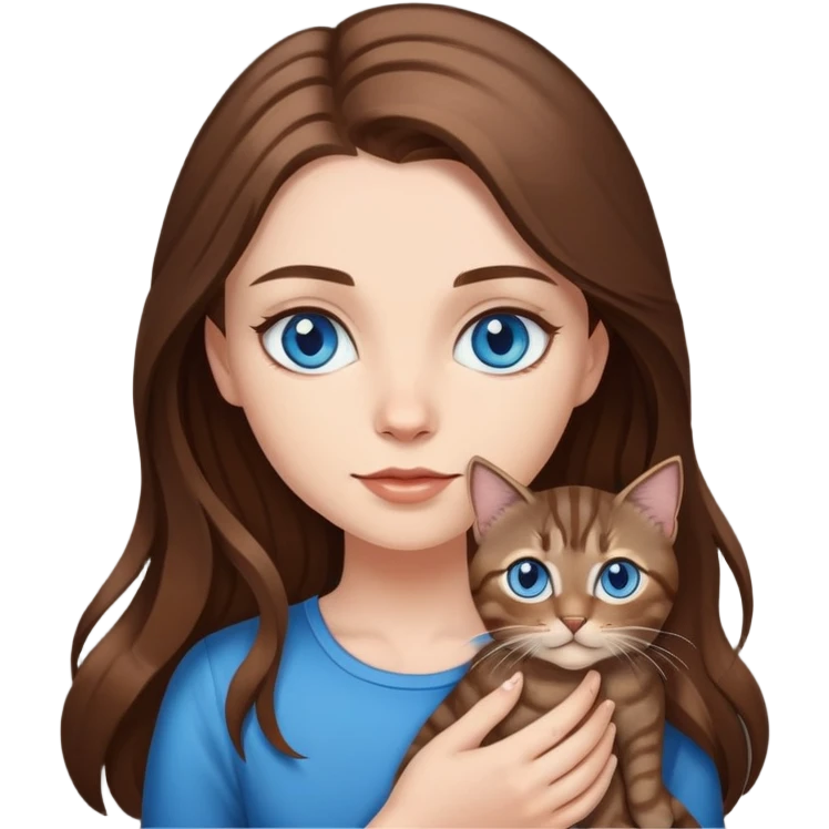White girl with blue eyes and long brown hair, holding a small dark tabby cat emoji
