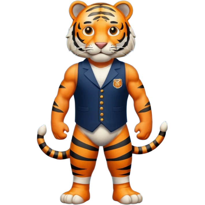 crea un tigre de cuerpo completo, que lleve un chaleco color azul marino y que en el chaleco lleve el nombre (telamon) emoji