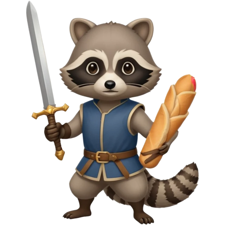 Raccoon rise of castles game theme. French. Holding a baguette as a sword emoji