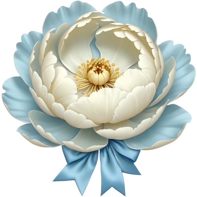 A single oversized peony in the softest shade of ivory sits in the center of a pearl-white canvas, its velvety petals unfolding like a quiet whisper. Wrapped around its stem is a wide, silk bow in a misty blue hue, its fabric pooling slightly onto the surface. The background’s subtle texture reflects light in a way that enhances the depth of the petals, creating an ethereal, almost weightless atmosphere. emoji