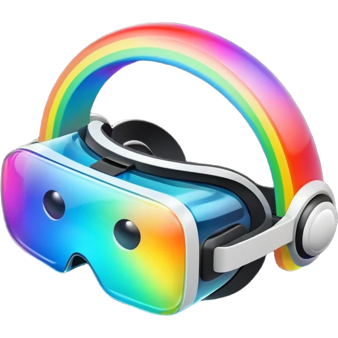 Show a VR headset or AR glasses, symbolizing the immersive hair experience. Include virtual objects or a 3D scene floating in the air in front of rainbow Make the background transparent. emoji