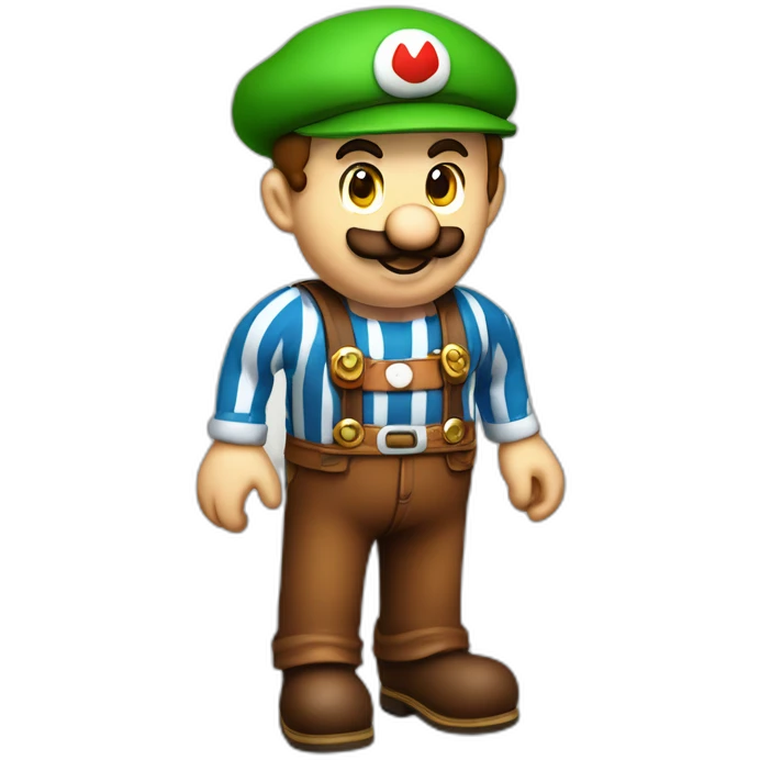 bavarian octoberfest visitor in super mario style. With a green hat, blue and white stripes shirt and brown leather pants. make the shirt blue and white emoji