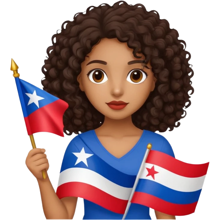 Brown girl with dark curly hair holding a Puerto Rican flag emoji