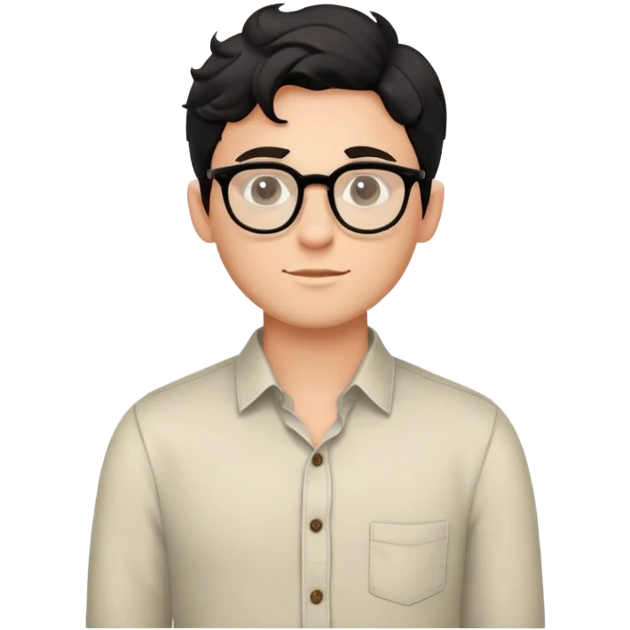 Young caucasian man with black wavy hair, round glasses, torso only, wearing relaxed buttoned-up shirt without a tie emoji
