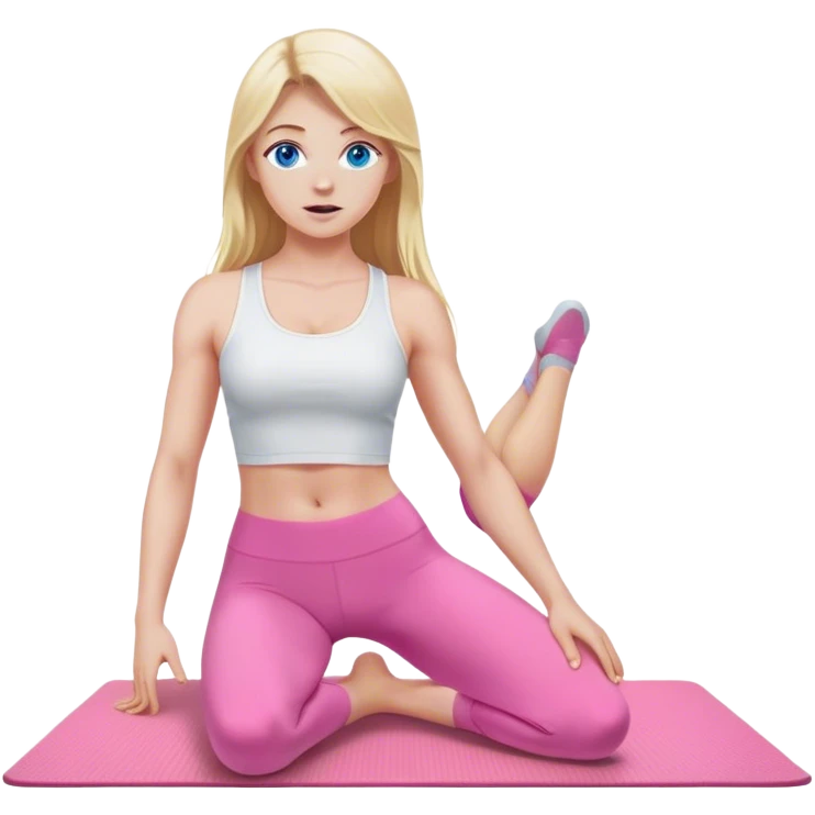 A cinematically realistic blonde with long hair and blue eyes, dressed in a white top and pink leggings, performs a realistic athletic exercise on a mat. emoji