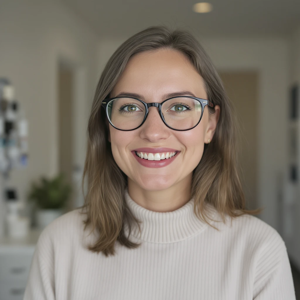Cinematic still of a smiling european white woman with glasses smiling, minimalistic ophthalmologist interior in background, leading  lines, rule of thirds emoji