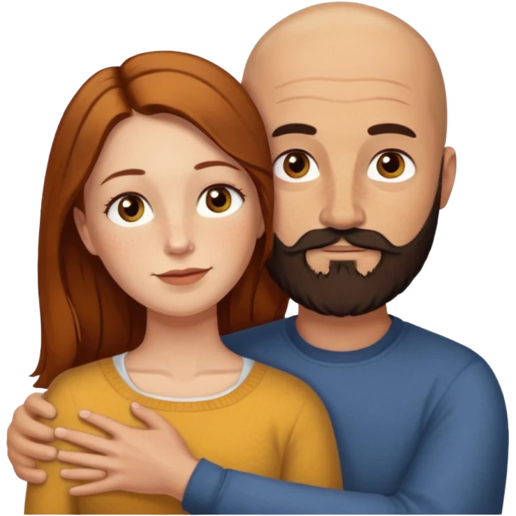 Couple. Bald man with dark brown-black beard. White woman with many small, faded freckles, she has white skin and she has auburn-yellow-brown-cinnamon, dark long hair. She has light brown eyes. The man have hazel eyes. Retro style. They hug. emoji