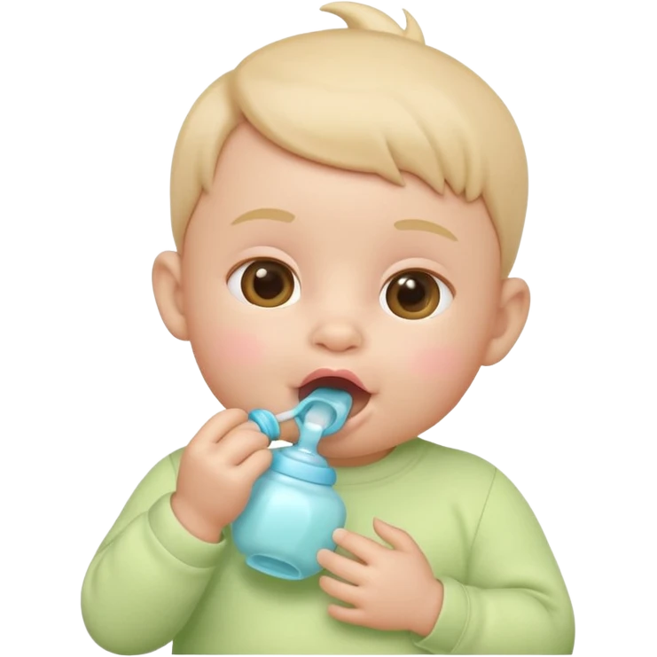 Apple-style 3D emoji of a cute baby sucking on a pacifier or drinking from a baby bottle, round face, soft pastel colors, cheerful and gentle expression, clean white background emoji