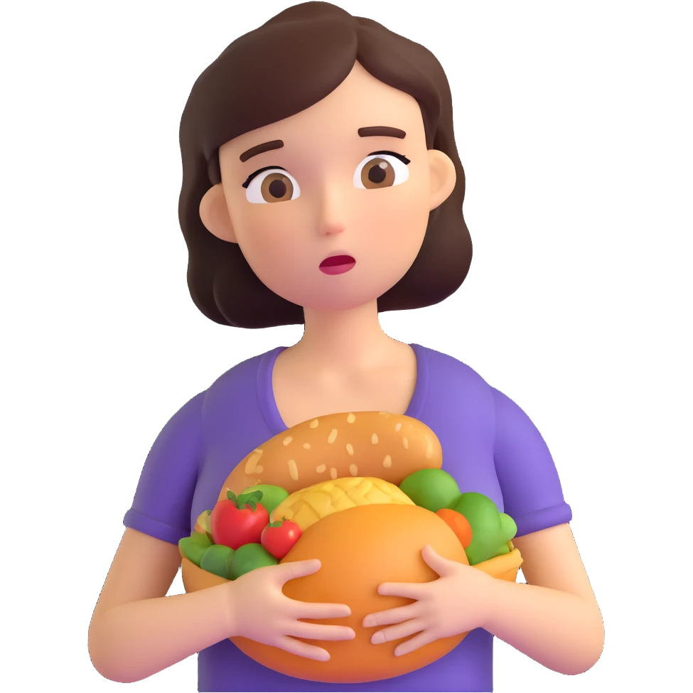 woman holding her stomach and looking at food with longing, expressing hunger emoji