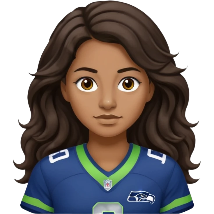Long wavy Dark brown hair, brown eyes with small nose ring of seahawks fan women emoji