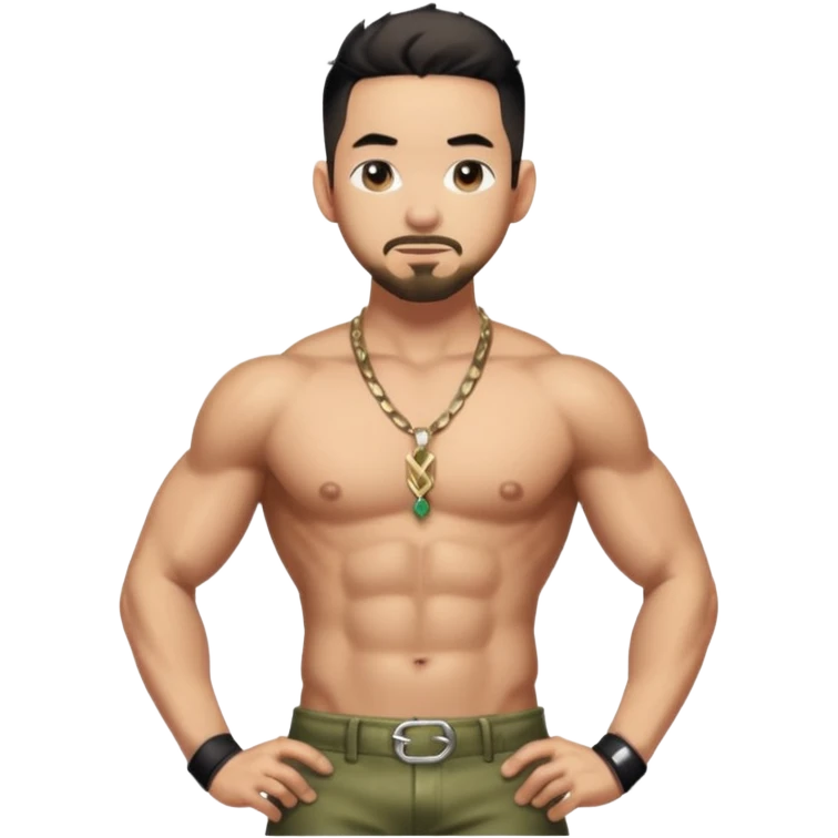 Mike Shinoda with metallic olive pants, shirtless with necklace emoji