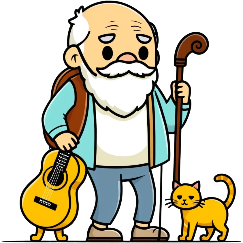  old blind man and his walking stick and guitar ￼ with golden cat  emoji