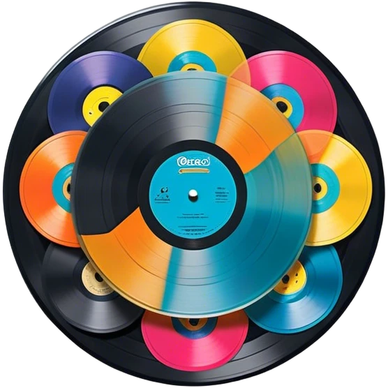 Icon for Vinyl Record Collecting: colorful vinyl records in decorative packaging featuring artist images, neatly arranged on a wall or shelf. The icon should reflect the aesthetic and artistic aspect of collecting vinyl records. Transparent background. emoji