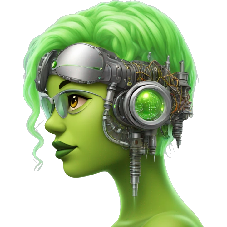 Neon green bobbed hair Latina female cyborg head with silver steampunk goggles and circuits emoji