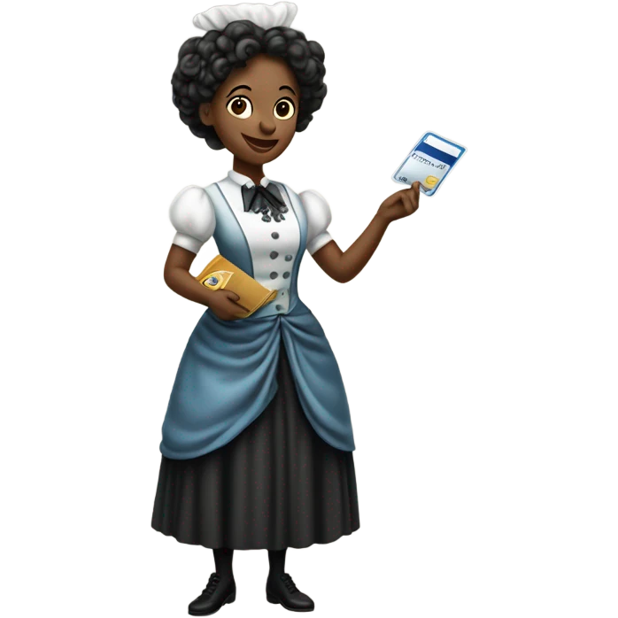galora waitress in Victorian dress elegant, full body, holding big credit card emoji