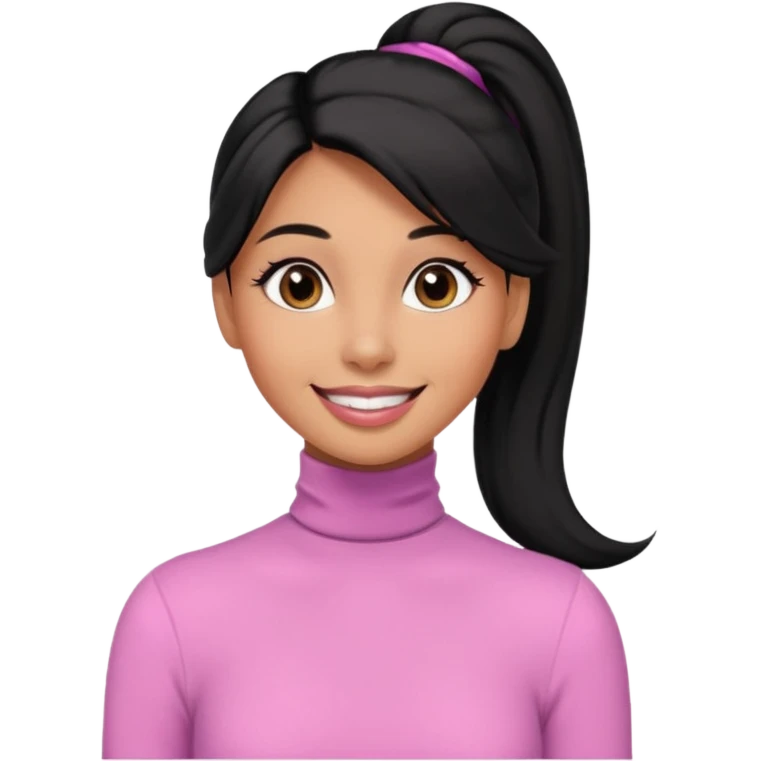a woman with long sleeve turtle neck top and smile, her hair is long black pony tail, her eyes color are black and the color of her lip is soft pink emoji