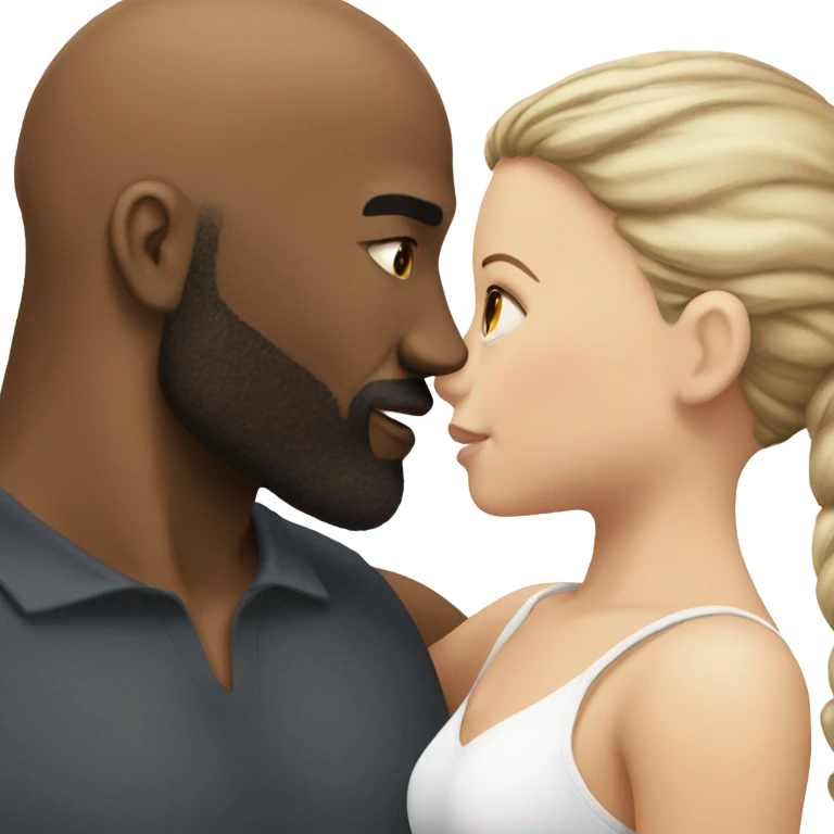 White girl brunette kissing muscular black bald man with beard emoji