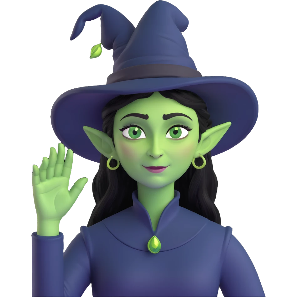 Wicked's Elphaba, hand on head, waving, theatrical, green skin, black hat emoji