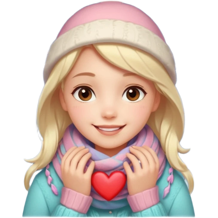 A cute, warm Christmas emoji-style illustration for a romantic A cozy winter atmosphere, soft pastel colors, gentle lighting. A sweet smiling girl with a warm scarf, glowing Christmas lights, snowflakes, and a small heart symbol. clean lines, closeness, and affection.
 emoji