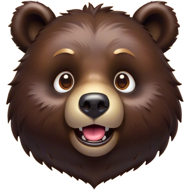 Cinematic Comical Bear Portrait Emoji, Head tilted dramatically with an exaggeratedly amused expression, featuring a striking, glossy dark brown fur with bold fur texture, wide, expressive eyes filled with playful disbelief, Simplified yet hilariously expressive features, highly detailed, glowing with a slightly sassy glow, high shine, dramatic yet playful, stylized with an air of cheeky wilderness mischief, bright and endearing, soft glowing outline, capturing the essence of a spirited and over-the-top bear, so meme-worthy it feels like it could roar its way into internet fame instantly! emoji