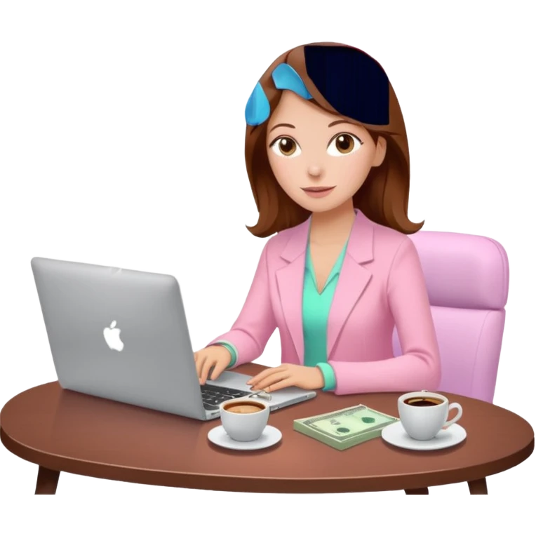  woman character with laptop and coffee relax table, dollars are floating, colorful pastel pink outfit, white laptop, brownn hair, fair skin,  emoji