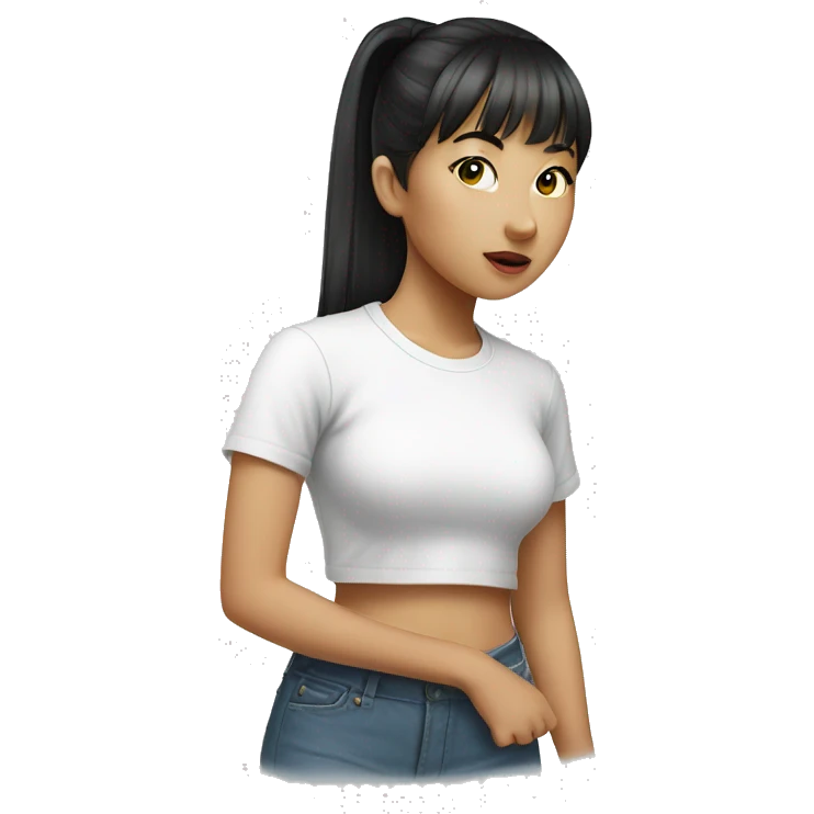Asian girl with bangs and high ponytail, white tee shirt  emoji