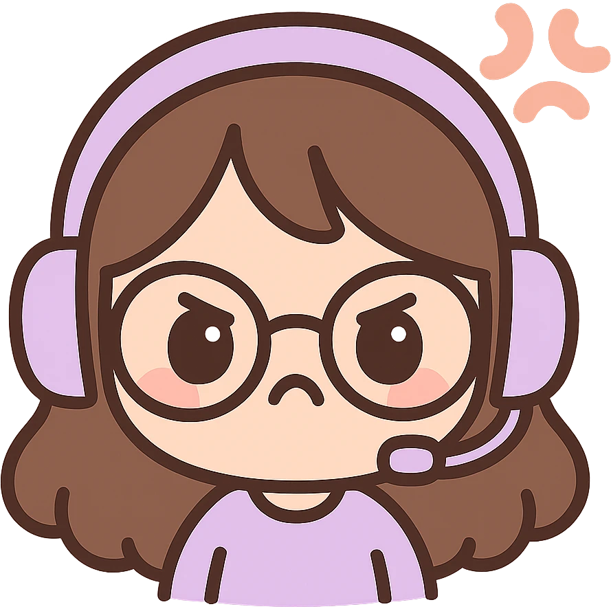 chibi style female brunette with glasses and a purple gaming headset, angry facial expression emoji