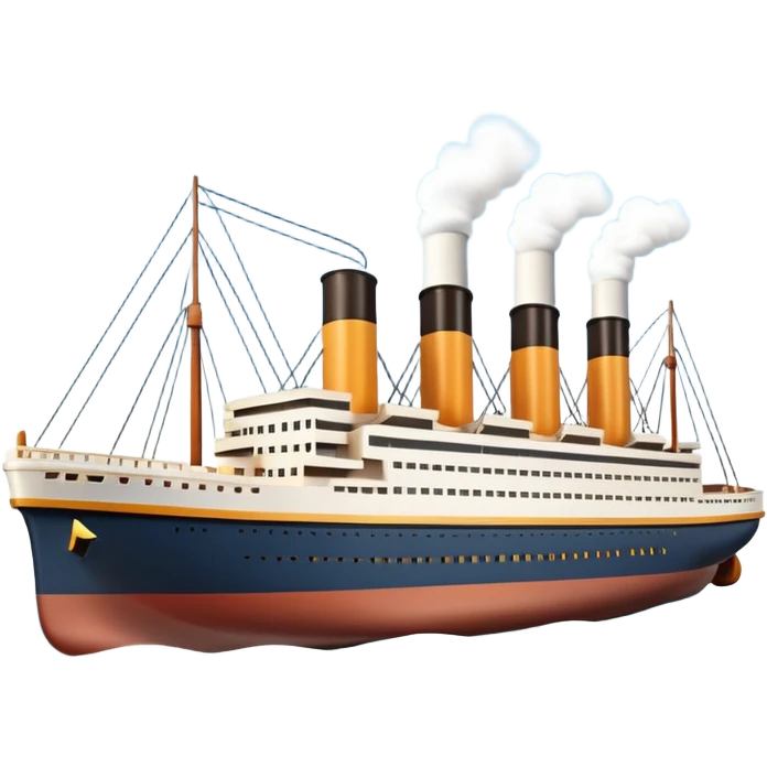 A miniature 3D Titanic ship emoji in Apple style, small and compact with smooth glossy surface, bright clean colors, simplified but recognizable details like smokestacks and windows, no facial features, floating on calm ocean, soft shadows, high-quality render, isolated on white background.



 emoji