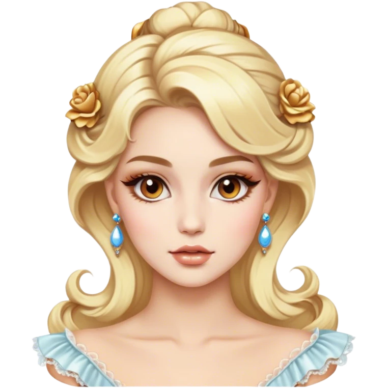 blonde model with brown eyes, luxury makeup, rococo emoji