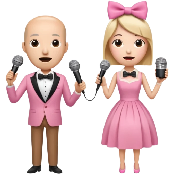 two whimsical characters together, one with a wooden cylindrical head and bow tie, the other with a coffee cup head and pink dress, both singing into microphones, full body emoji