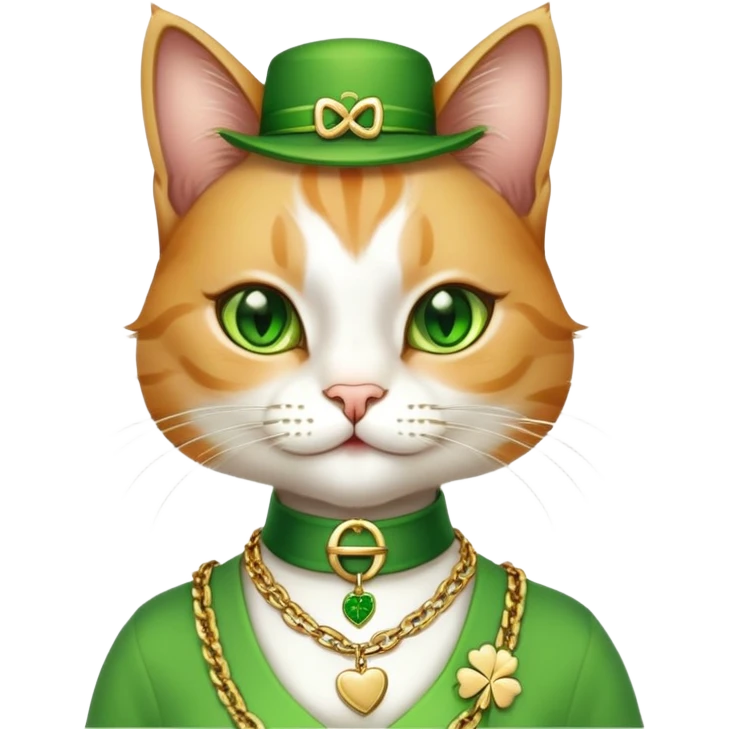 female cat dressed in hip-hop Run DMC style, green outfit, shamrock accessories, gold chains, bling, St. Patrick's Day emoji