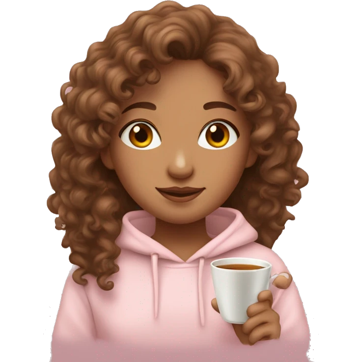 cute brown curlyhaired girl in light pink hoodie with cup of tea emoji