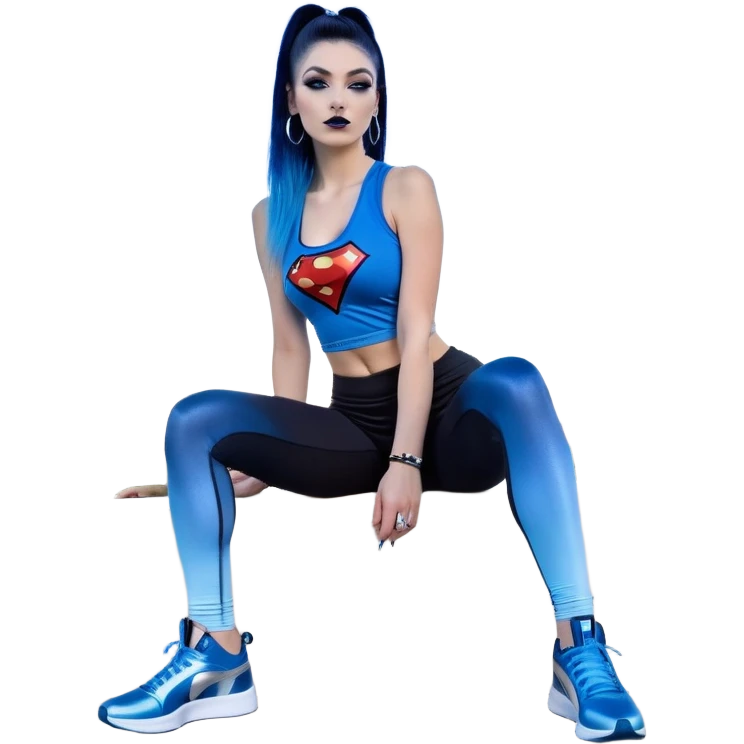 body with long legs-very very very large chest with clevage-sexy face-black leggings-puma hightops-very long very straight dark blue to light blue ombre hair-and-blue eyes-thick black eyeliner-thick long eyelashes-sky blue lowcut tanktop with glitter superman logo-silver hoop earrings emoji