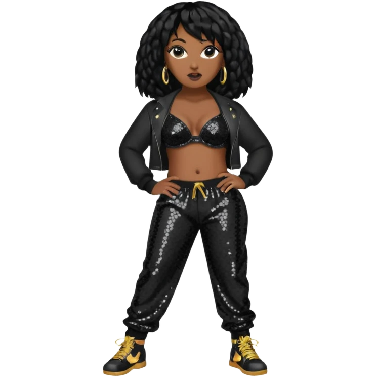 Missy Elliott with black hair, black sequin bra, black sequin baggy pants emoji
