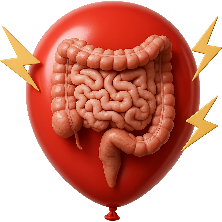 intestino umano anatomico chiuso in un palloncino rosso che simboleggia gonfiore, accanto simboli di fulmini e che simboleggiano "dolore", iperrealistico 4k emoji